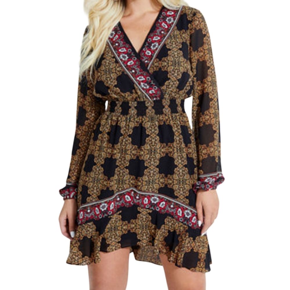 Guess Oleana Medallion Print A Line Smoked Chiffon Dress Women's M Long Sleeves
